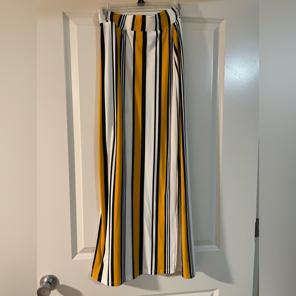 Cream, Yellow, and Navy Striped Maxi Skirt